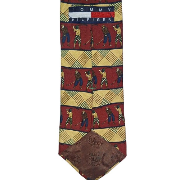 Tommy Hilfiger Golf Tie 100% Italian Silk 59"x4" Burgundy Tan Excellent Cond - Picture 4 of 5